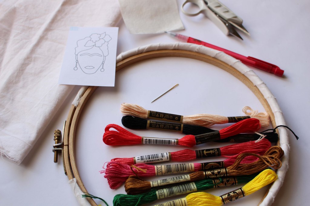 dmc and anchor embroidery floss, embroidery hoop, retractable pencil and fabric for craft. 